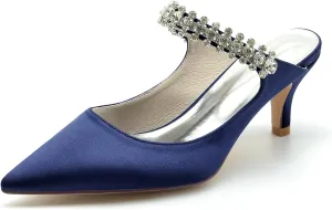 Women's Pointed Satin Rhinestone Prom Party Dress Pumps Closed Bridal Dress Heeled Sandals Wedding Shoes Slingback
