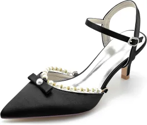 Womens Pointed Toe Ankle Buckle Strap Court Shoes Dress Pumps Mid Pearls Heel Satin Wedding Shoes for Bridal