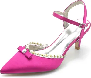 Womens Pointed Toe Ankle Buckle Strap Court Shoes Dress Pumps Mid Pearls Heel Satin Wedding Shoes for Bridal
