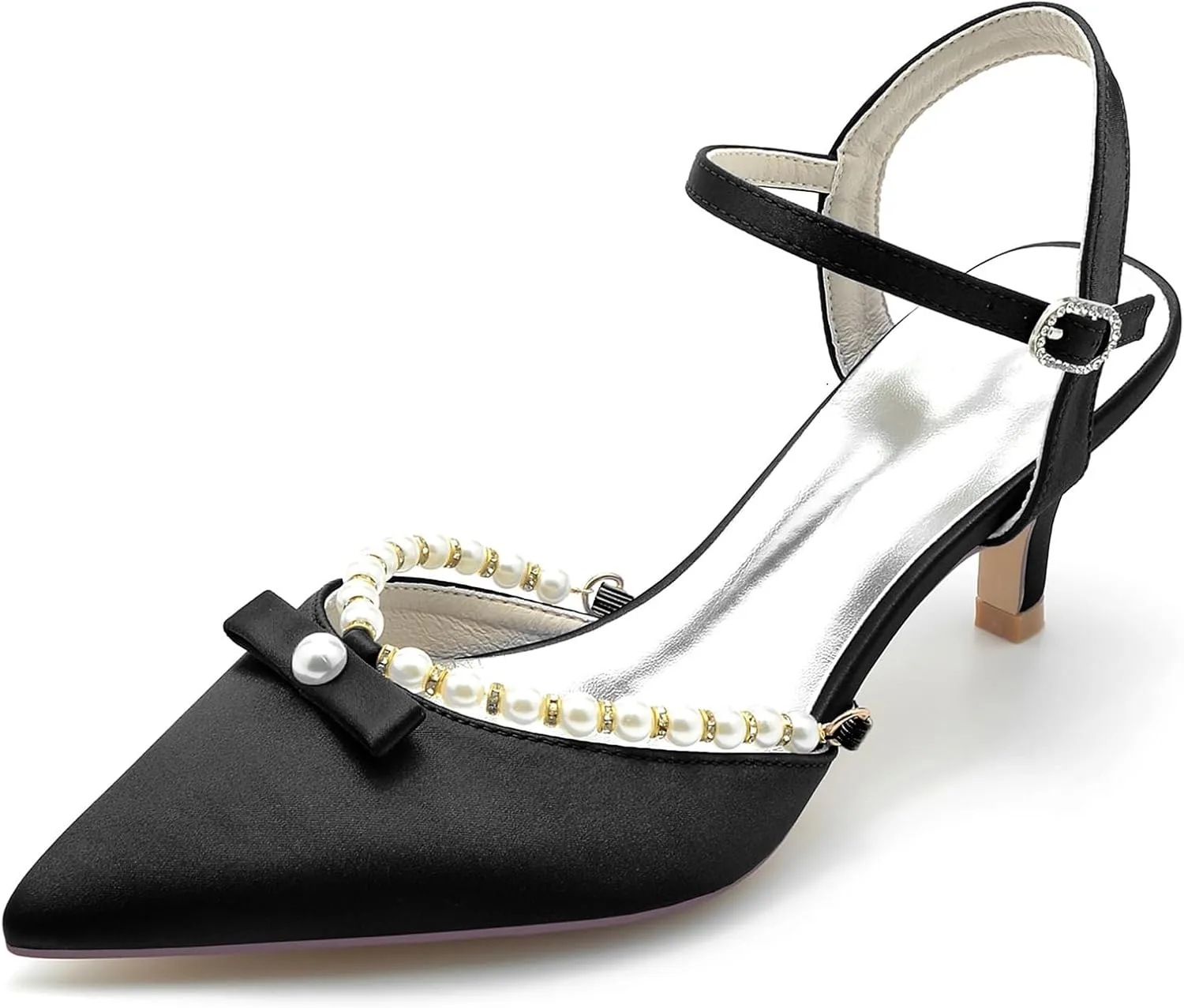 Womens Pointed Toe Ankle Buckle Strap Court Shoes Dress Pumps Mid Pearls Heel Satin Wedding Shoes for Bridal