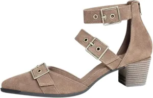 Womens Pointed Toe Chunky Heels with Metal Buckle, Ankle Strap Western Stacked Heel Sandals for Women Strappy Medium Thick Wedge Shoes