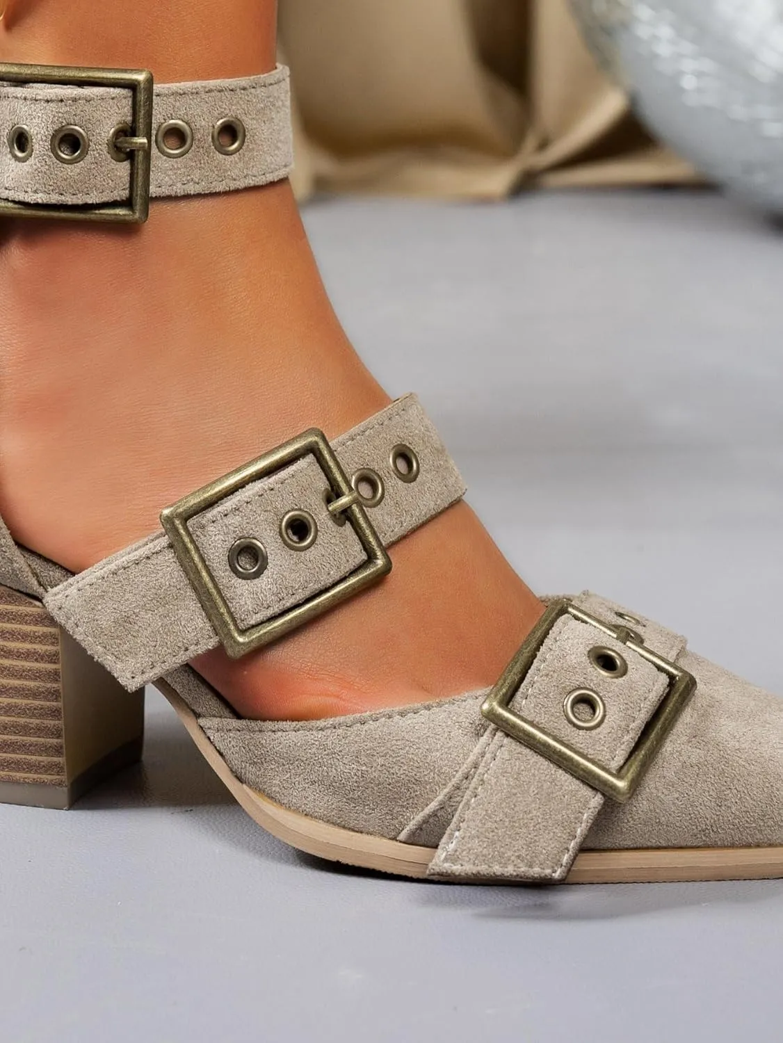 Womens Pointed Toe Chunky Heels with Metal Buckle, Ankle Strap Western Stacked Heel Sandals for Women Strappy Medium Thick Wedge Shoes