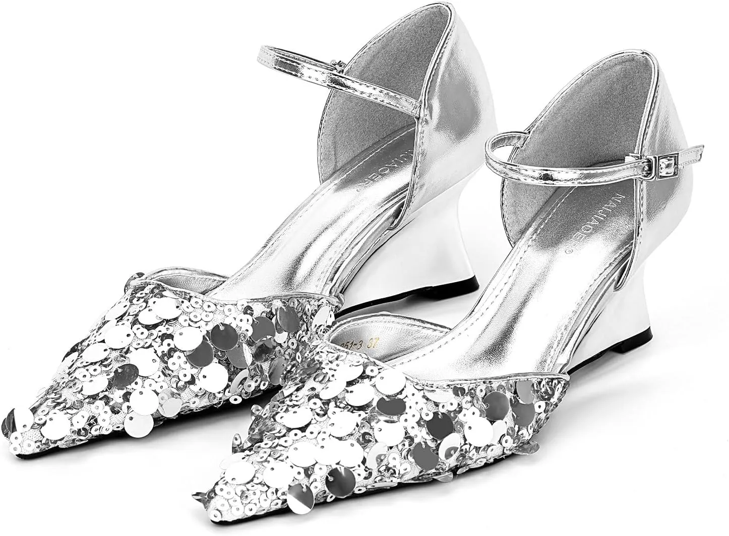 Women's Pointed Toe Sandals Wedge Heel Adjustable Strap Patent Leather Pumps Casual Party Wedding Dressy Shoes with Sequins