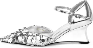 Women's Pointed Toe Sandals Wedge Heel Adjustable Strap Patent Leather Pumps Casual Party Wedding Dressy Shoes with Sequins