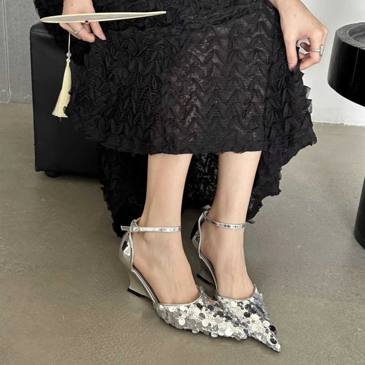 Women's Pointed Toe Sandals Wedge Heel Adjustable Strap Patent Leather Pumps Casual Party Wedding Dressy Shoes with Sequins