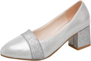 Women's Rhinestone Dress Shoes Chunky Wedding Pumps Closed Toe Heels Dressy Work Shoe Comfortable Business Shoes