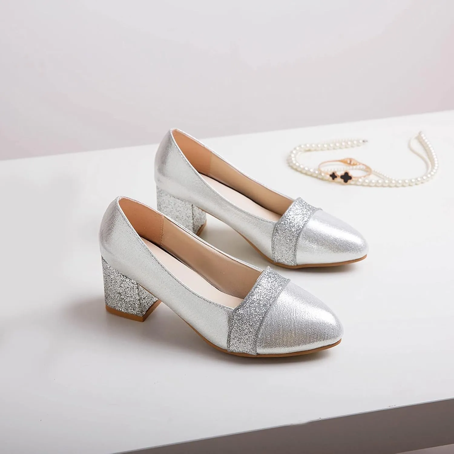 Women's Rhinestone Dress Shoes Chunky Wedding Pumps Closed Toe Heels Dressy Work Shoe Comfortable Business Shoes