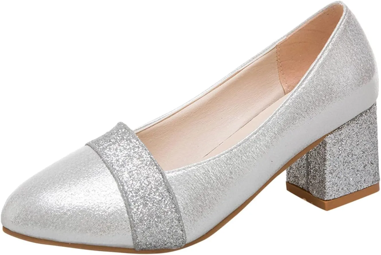 Women's Rhinestone Dress Shoes Chunky Wedding Pumps Closed Toe Heels Dressy Work Shoe Comfortable Business Shoes