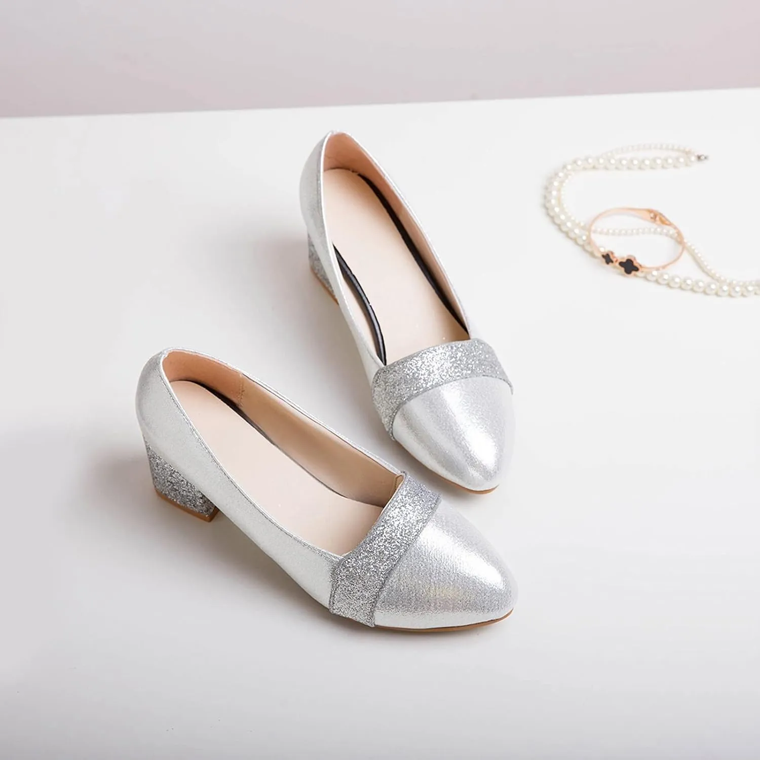 Women's Rhinestone Dress Shoes Chunky Wedding Pumps Closed Toe Heels Dressy Work Shoe Comfortable Business Shoes