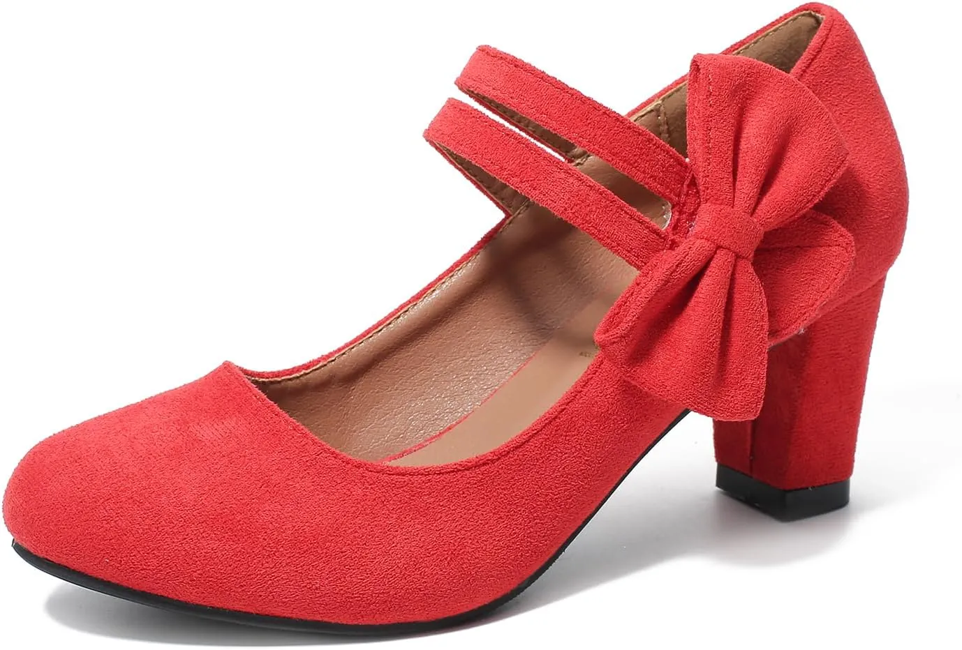 Women's Round Toe Mary Jane Low Heels Closed Chunky Block Double Ankle Strap Bow Pumps Wedding Office Work Dress Shoes