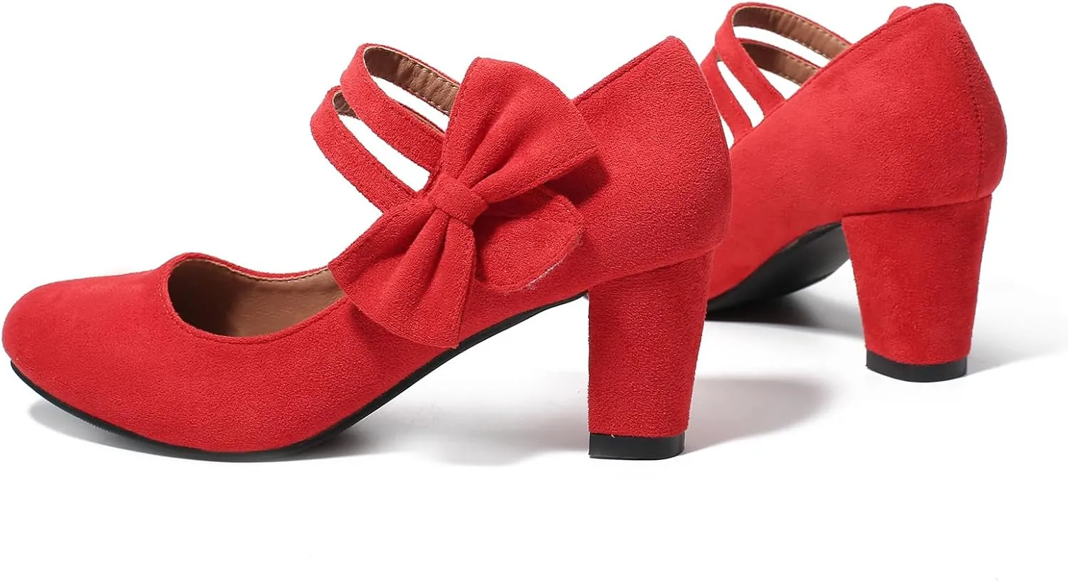 Women's Round Toe Mary Jane Low Heels Closed Chunky Block Double Ankle Strap Bow Pumps Wedding Office Work Dress Shoes