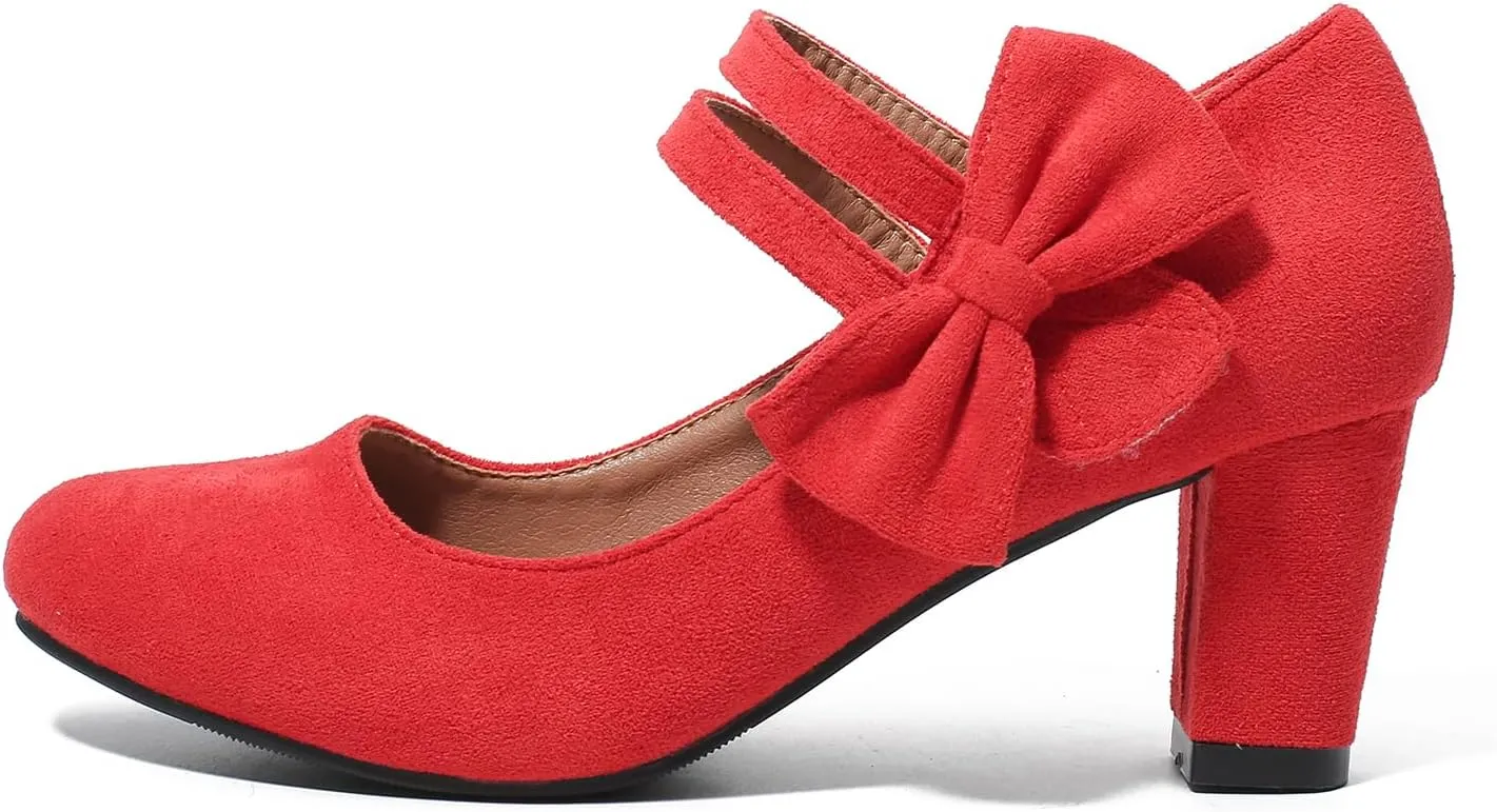 Women's Round Toe Mary Jane Low Heels Closed Chunky Block Double Ankle Strap Bow Pumps Wedding Office Work Dress Shoes