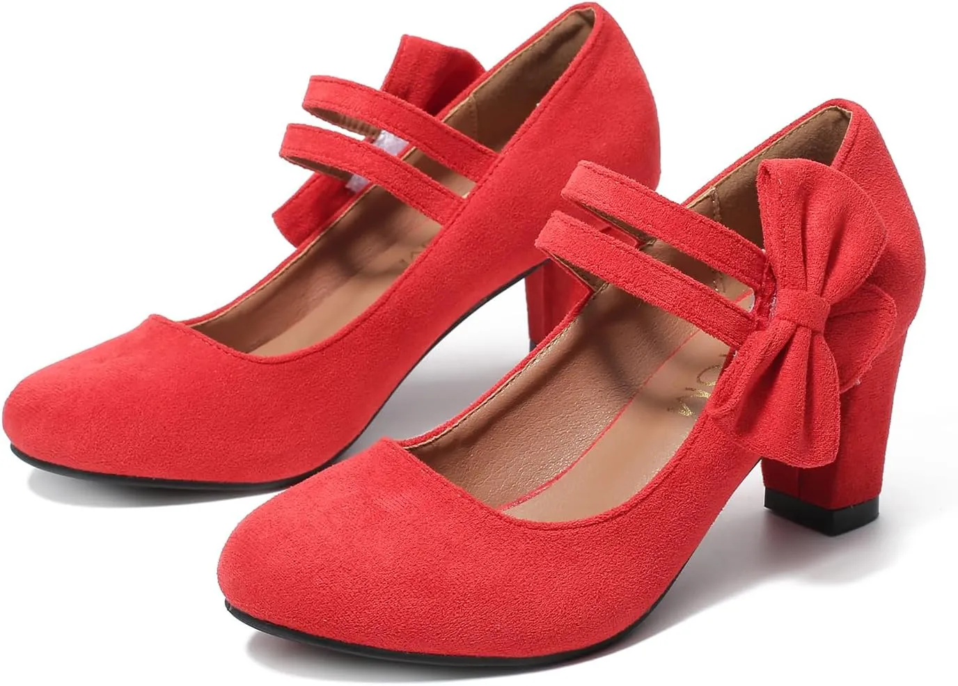 Women's Round Toe Mary Jane Low Heels Closed Chunky Block Double Ankle Strap Bow Pumps Wedding Office Work Dress Shoes