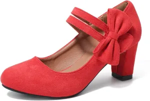 Women's Round Toe Mary Jane Low Heels Closed Chunky Block Double Ankle Strap Bow Pumps Wedding Office Work Dress Shoes