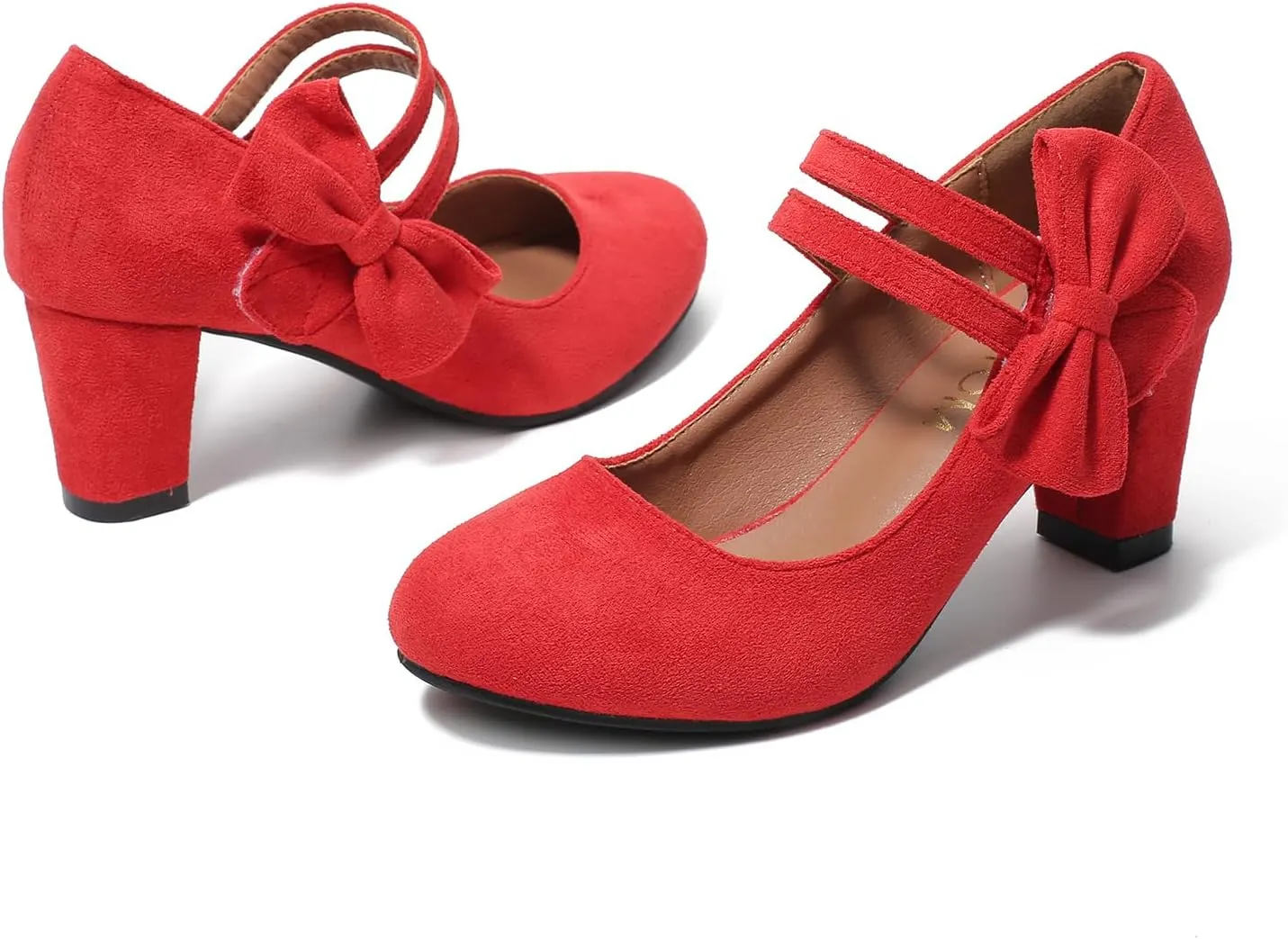 Women's Round Toe Mary Jane Low Heels Closed Chunky Block Double Ankle Strap Bow Pumps Wedding Office Work Dress Shoes