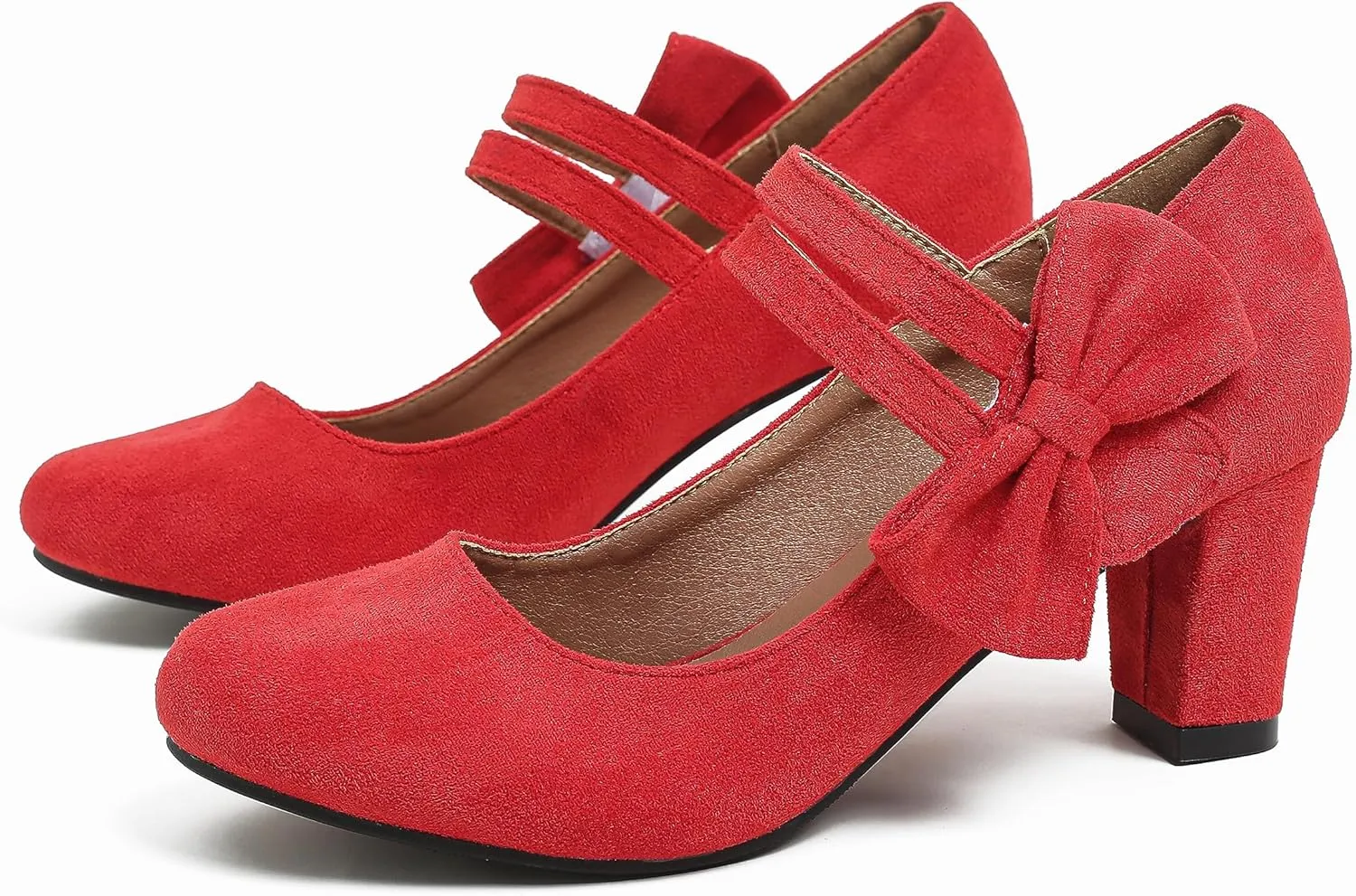 Women's Round Toe Mary Jane Low Heels Closed Chunky Block Double Ankle Strap Bow Pumps Wedding Office Work Dress Shoes