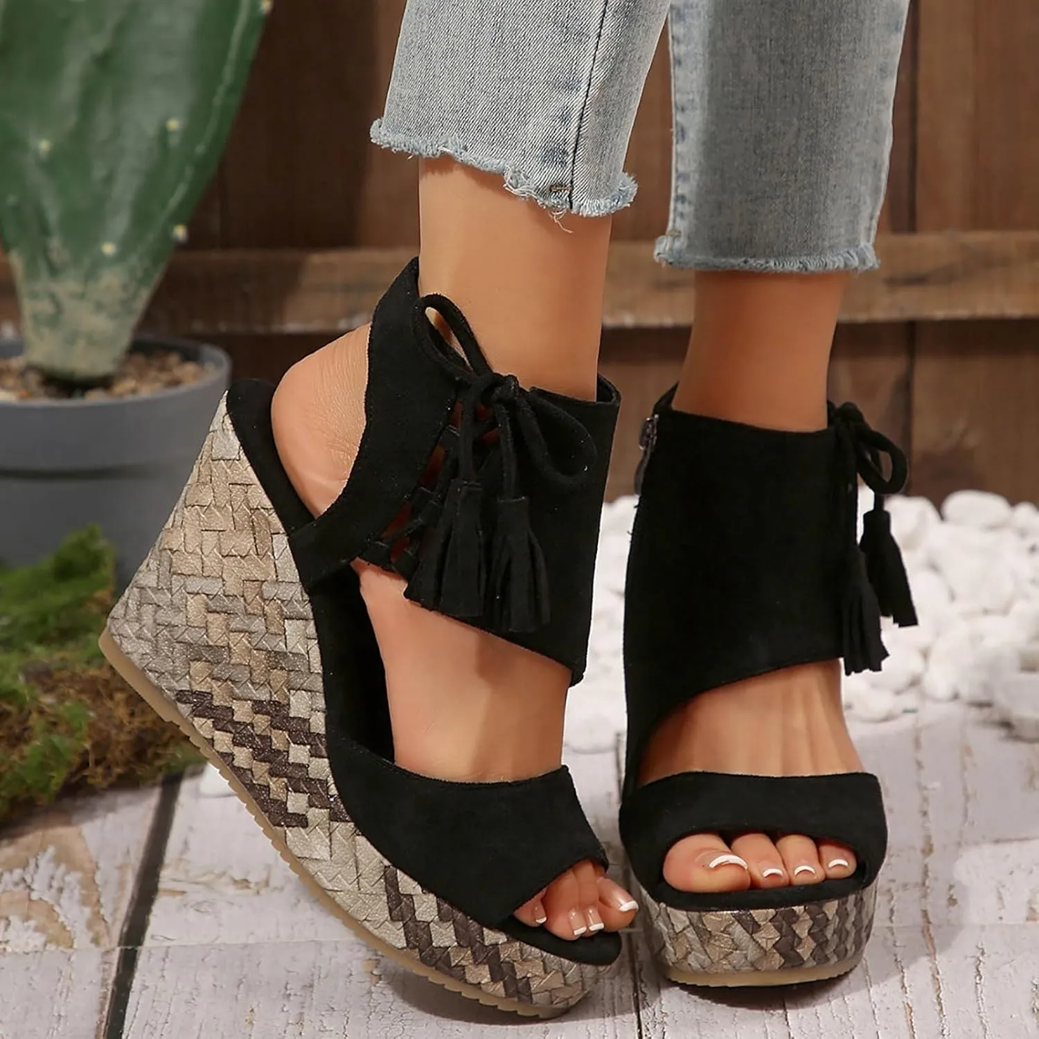 Womens Sandals Dressy Suede Wedge Platform Sandals Tassel Boho Sandals Chunky High Heel Sandal Side Zipper Peep Toe Sandals Hollow Out Slingback Shoes