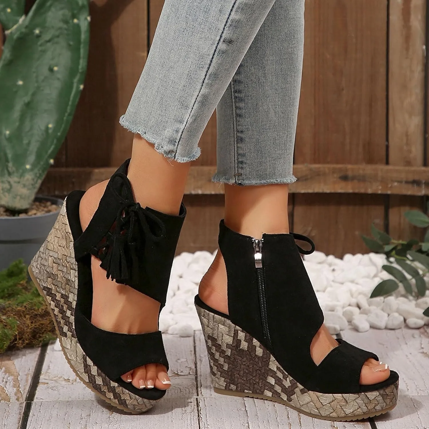 Womens Sandals Dressy Suede Wedge Platform Sandals Tassel Boho Sandals Chunky High Heel Sandal Side Zipper Peep Toe Sandals Hollow Out Slingback Shoes