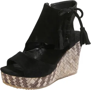 Womens Sandals Dressy Suede Wedge Platform Sandals Tassel Boho Sandals Chunky High Heel Sandal Side Zipper Peep Toe Sandals Hollow Out Slingback Shoes