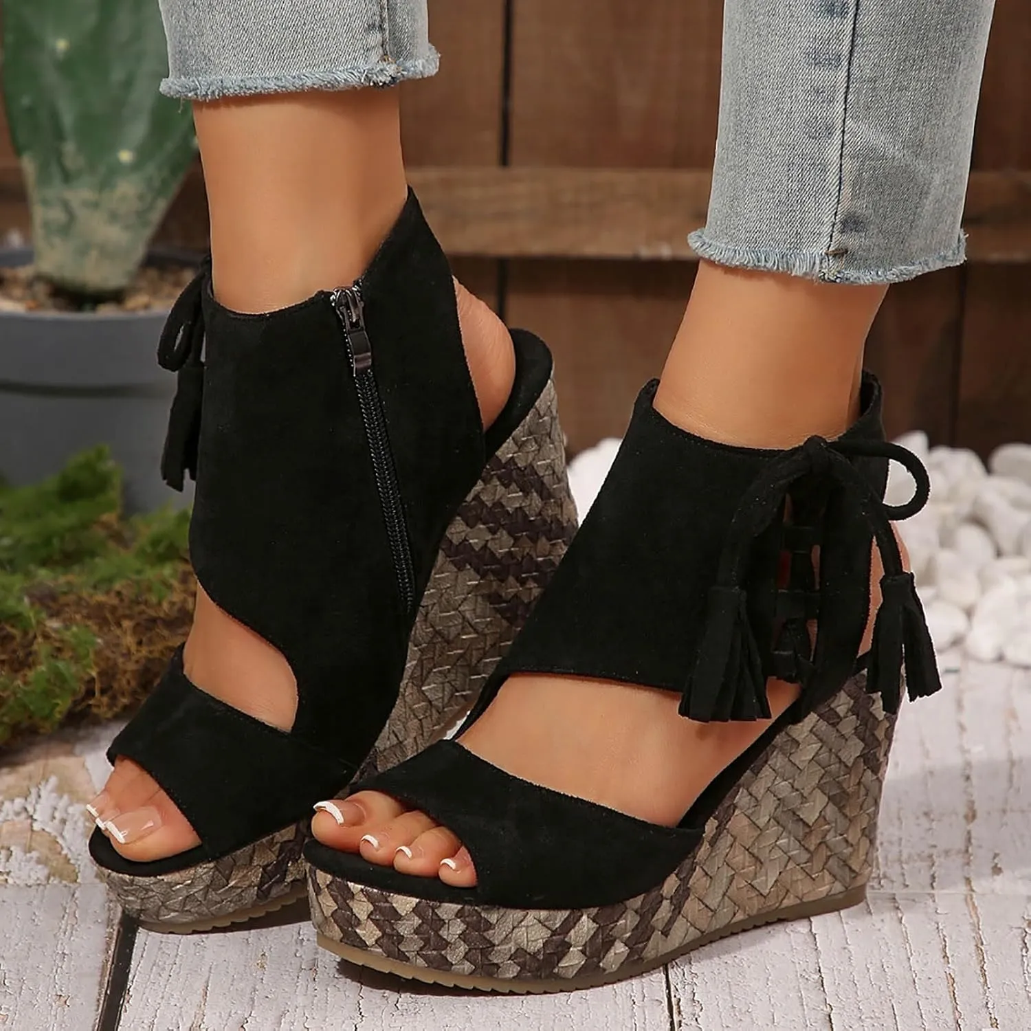 Womens Sandals Dressy Suede Wedge Platform Sandals Tassel Boho Sandals Chunky High Heel Sandal Side Zipper Peep Toe Sandals Hollow Out Slingback Shoes