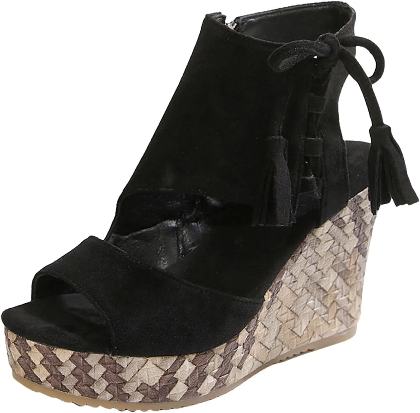 Womens Sandals Dressy Suede Wedge Platform Sandals Tassel Boho Sandals Chunky High Heel Sandal Side Zipper Peep Toe Sandals Hollow Out Slingback Shoes