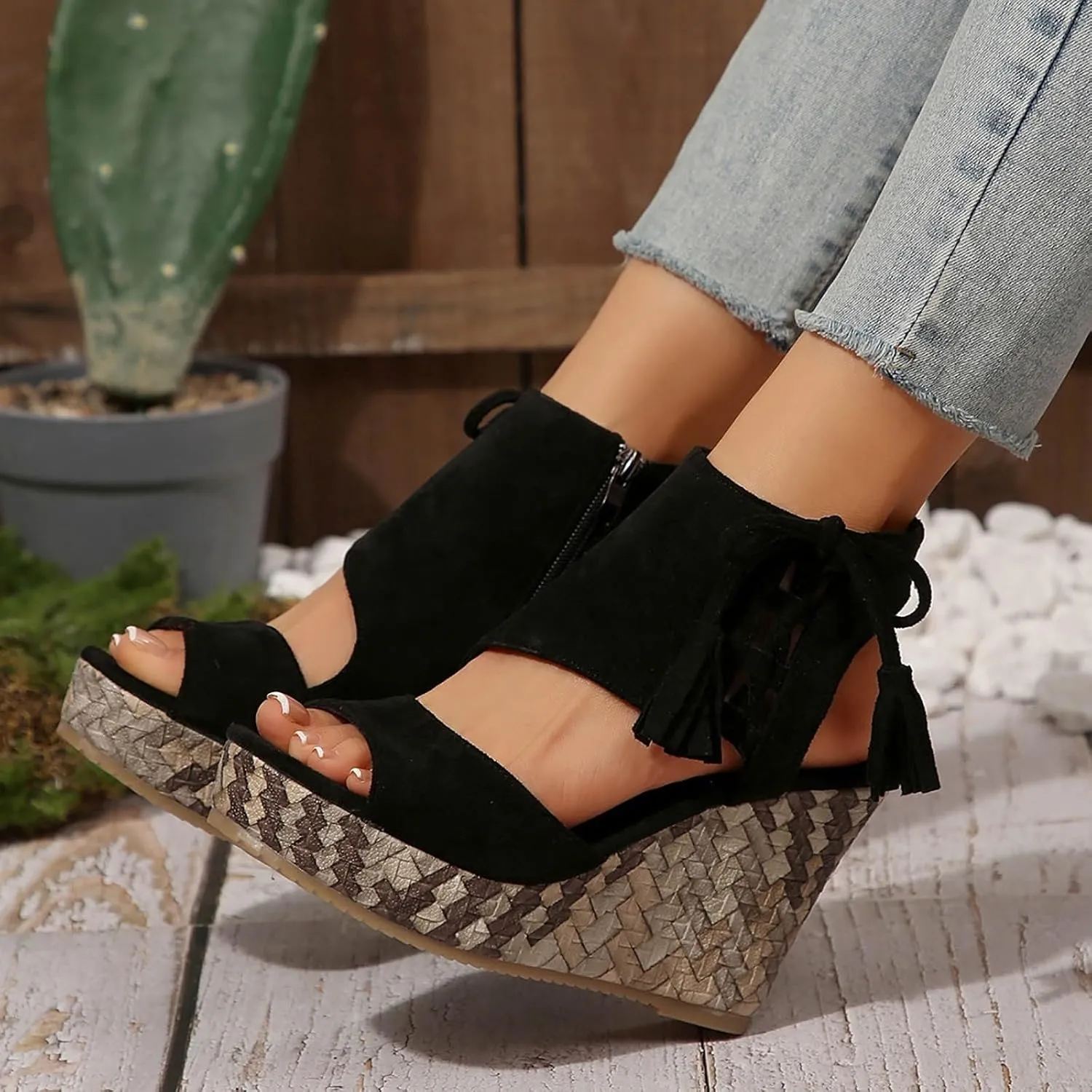 Womens Sandals Dressy Suede Wedge Platform Sandals Tassel Boho Sandals Chunky High Heel Sandal Side Zipper Peep Toe Sandals Hollow Out Slingback Shoes