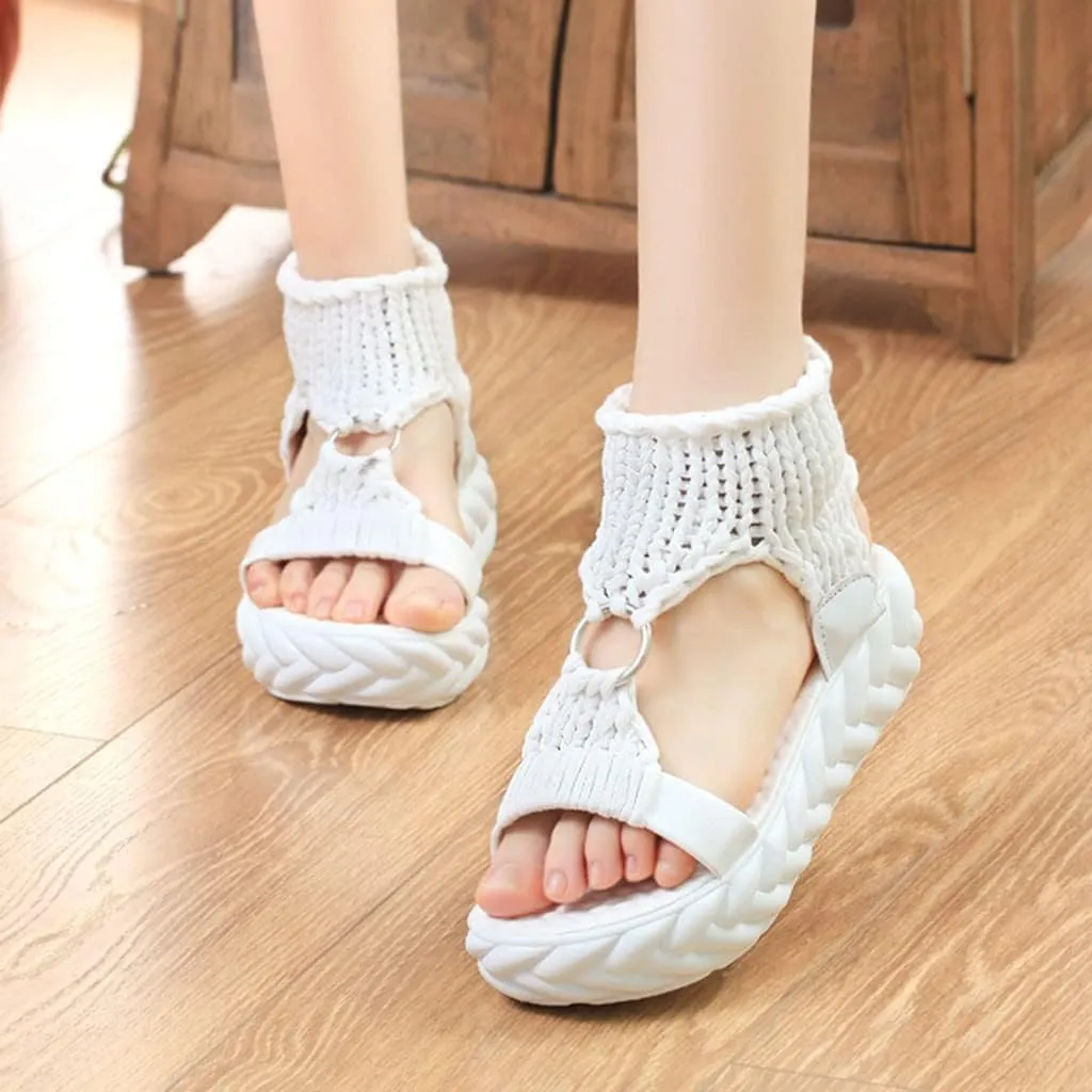 Women's Sandals with Arch Support Sandals Summer Flat Thick Bottomed Knitting Sandal Solid Ladies Platform Sandalias