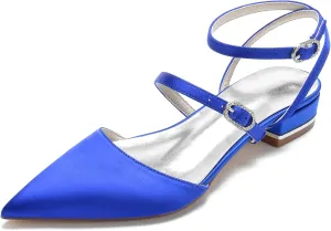 Women's Satin Closed Toe Low Block Heels Bridal Shoes Slingback Buckle Pointed Toe Wedding Party Dress Shoes