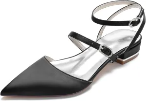 Women's Satin Closed Toe Low Block Heels Bridal Shoes Slingback Buckle Pointed Toe Wedding Party Dress Shoes