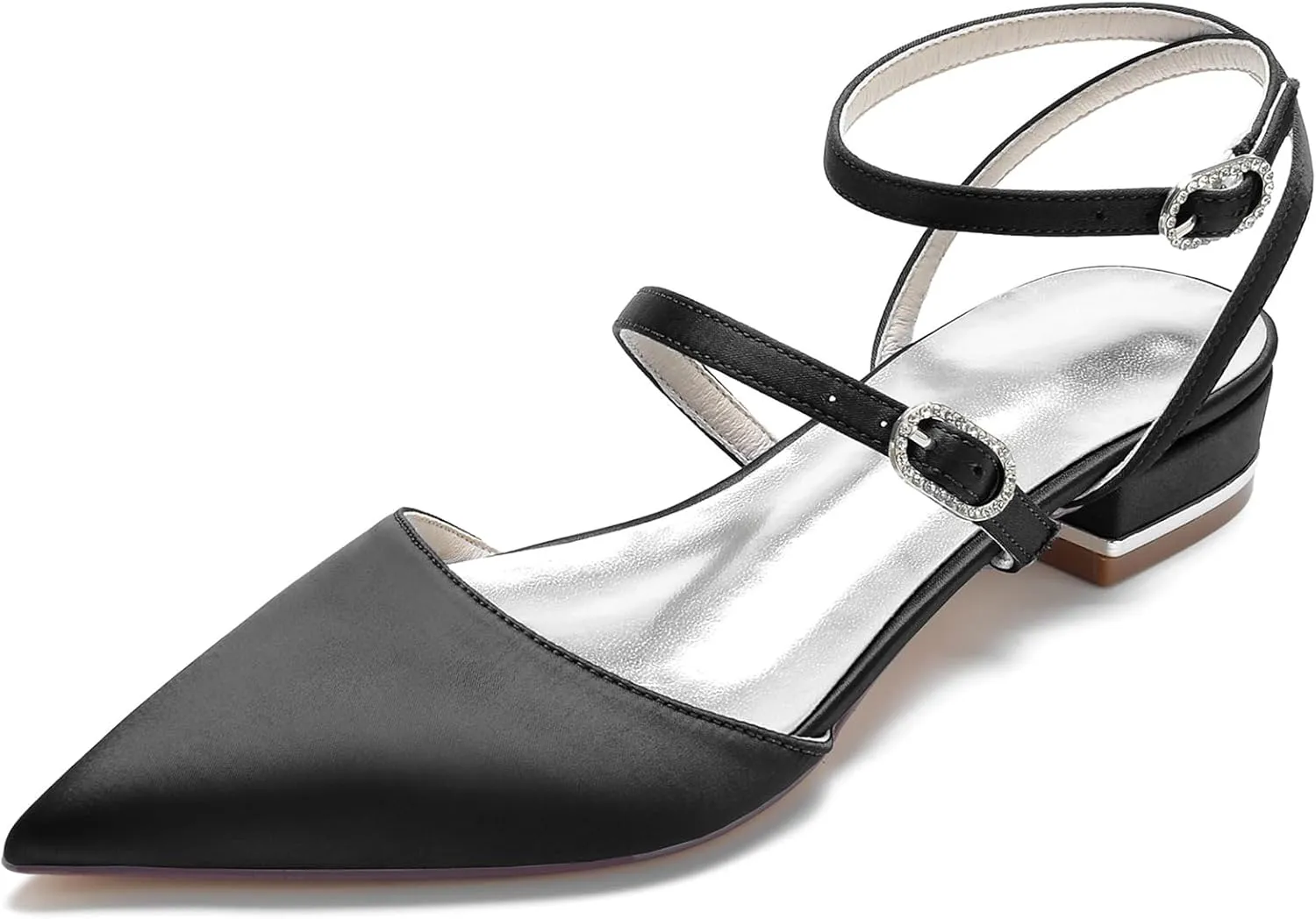 Women's Satin Closed Toe Low Block Heels Bridal Shoes Slingback Buckle Pointed Toe Wedding Party Dress Shoes