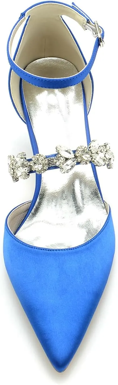 Women's Satin Heel Wedding Shoes for Bridal Ankle Strap Pointed Toe Pumps with Crystal Party Dress Sandals