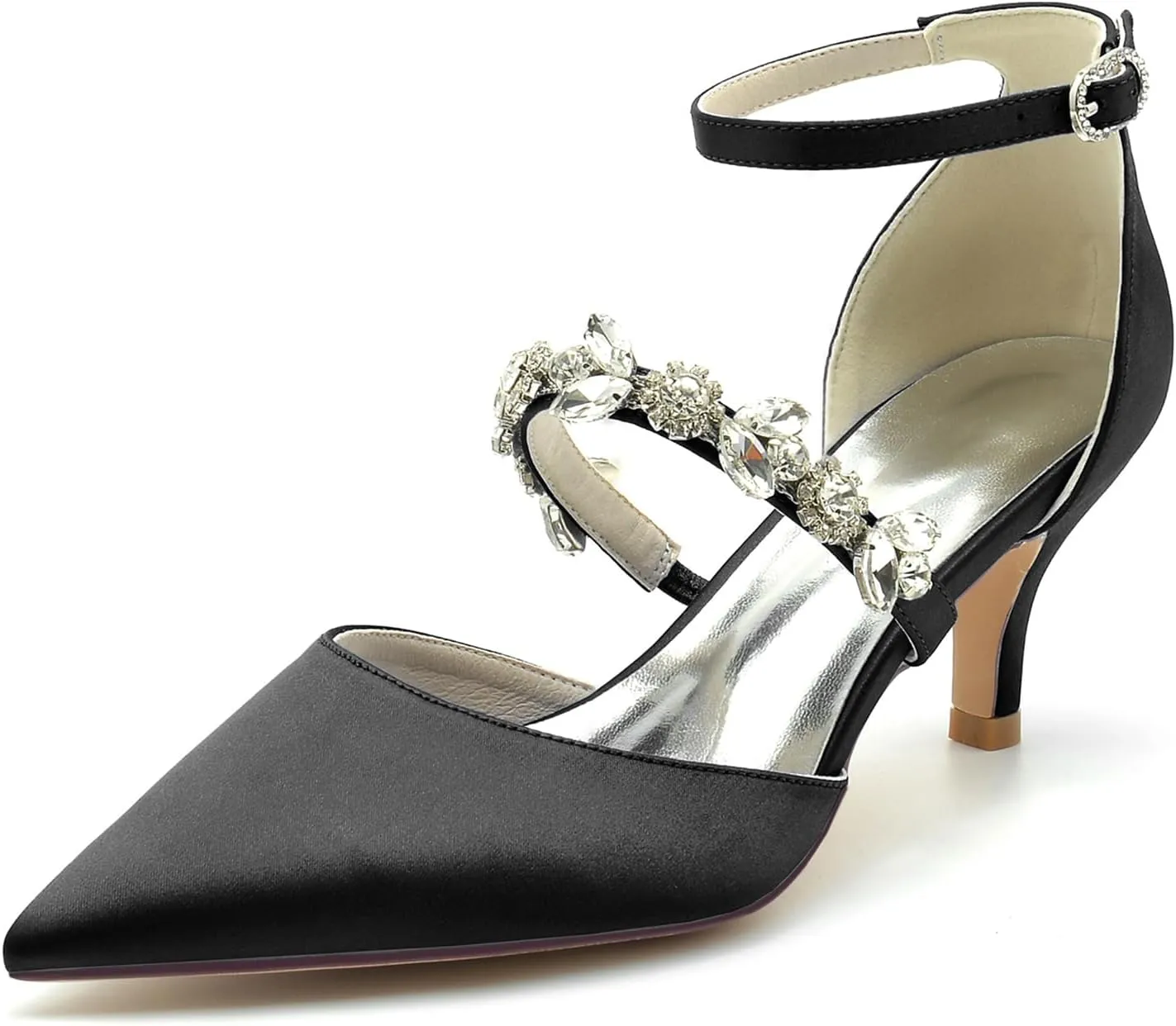 Women's Satin Heel Wedding Shoes for Bridal Ankle Strap Pointed Toe Pumps with Crystal Party Dress Sandals