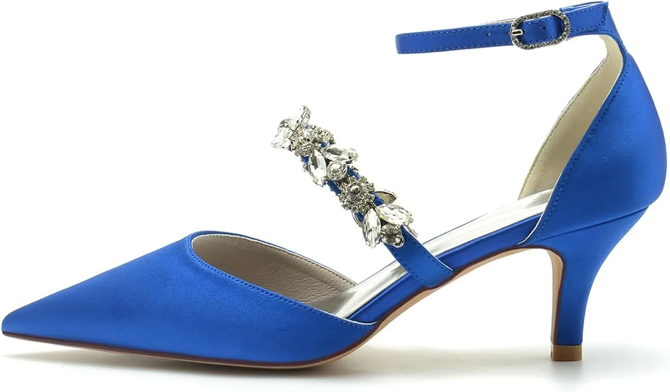 Women's Satin Heel Wedding Shoes for Bridal Ankle Strap Pointed Toe Pumps with Crystal Party Dress Sandals