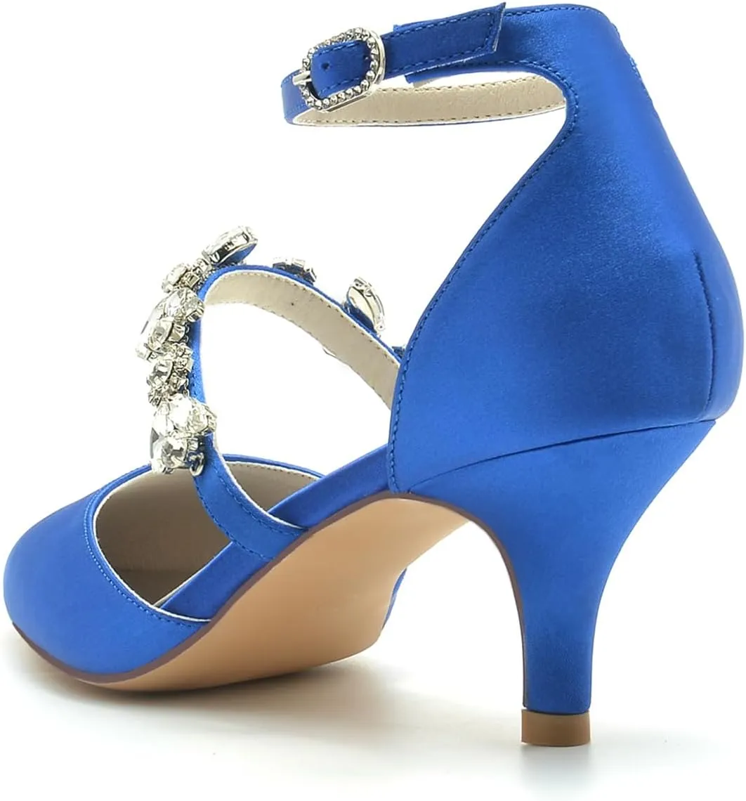 Women's Satin Heel Wedding Shoes for Bridal Ankle Strap Pointed Toe Pumps with Crystal Party Dress Sandals