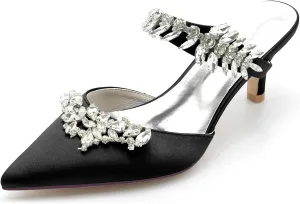 Women's Satin Rhinestone Heels Bridal Shoes Slingback Pointed Toe Wedding Party Dress Shoes Pumps Closed