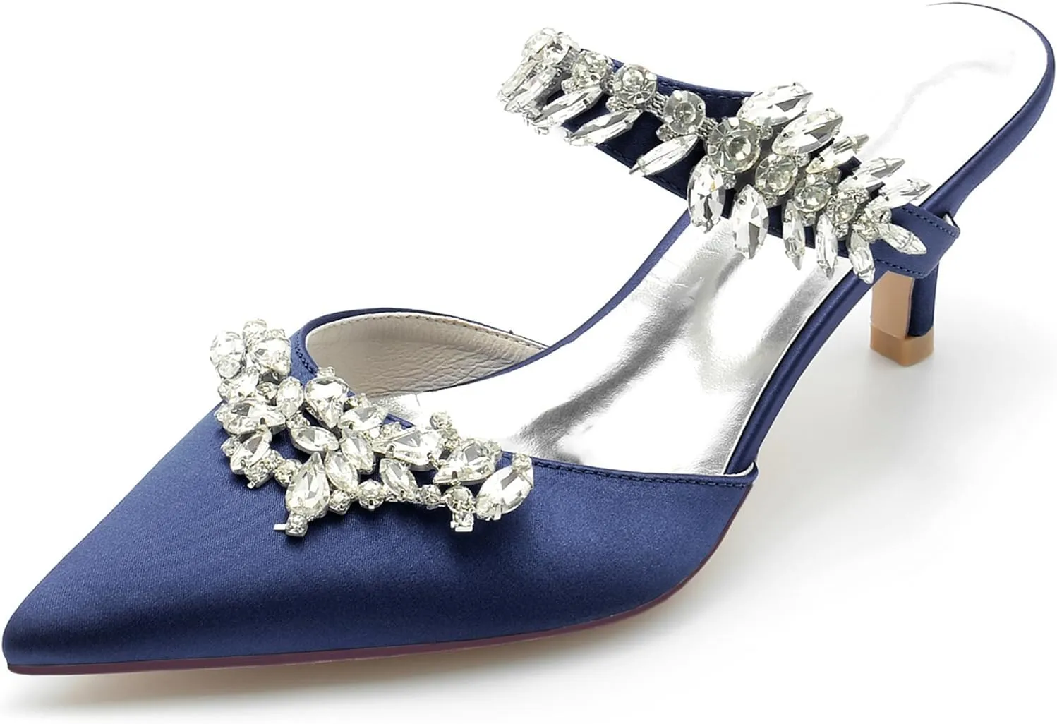 Women's Satin Rhinestone Heels Bridal Shoes Slingback Pointed Toe Wedding Party Dress Shoes Pumps Closed