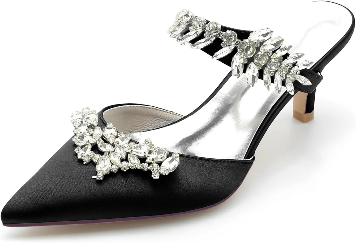 Women's Satin Rhinestone Heels Bridal Shoes Slingback Pointed Toe Wedding Party Dress Shoes Pumps Closed