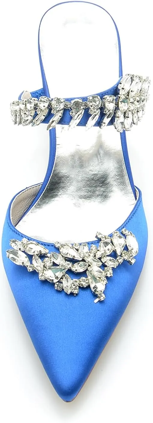 Women's Satin Rhinestone Heels Bridal Shoes Slingback Pointed Toe Wedding Party Dress Shoes Pumps Closed