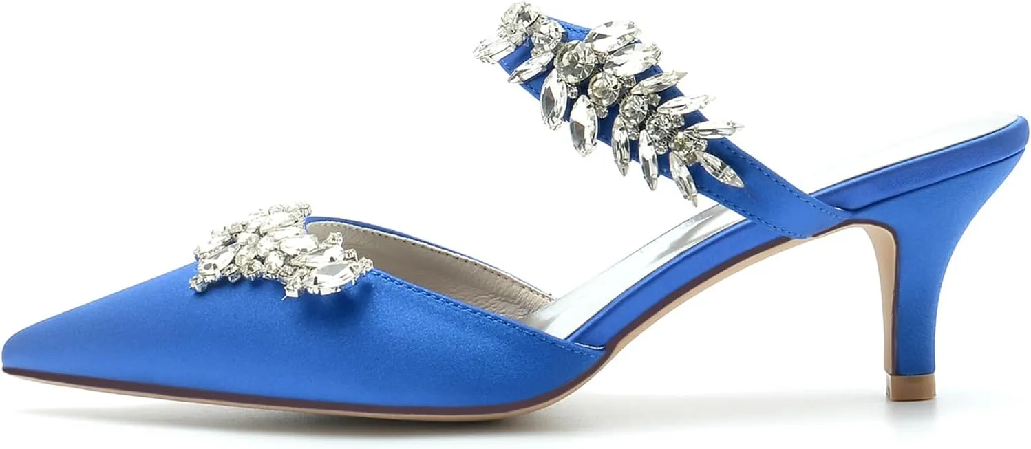 Women's Satin Rhinestone Heels Bridal Shoes Slingback Pointed Toe Wedding Party Dress Shoes Pumps Closed