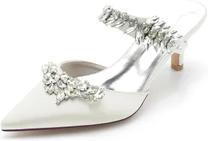 Women's Satin Rhinestone Heels Bridal Shoes Slingback Pointed Toe Wedding Party Dress Shoes Pumps Closed
