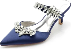 Women's Satin Rhinestone Heels Bridal Shoes Slingback Pointed Toe Wedding Party Dress Shoes Pumps Closed