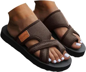 Women's Slide Sandals,Orthopedic Sandals for Women,Flip Flops for Women Dressy Summer Split Toe Hollow Mesh Slide Sandals Comfy Arch Support Non-Slip Sole Comfortable Beach Walking Sandals