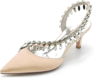 Women's Slingback Wedding Shoes for Bridal Mid Heel Heels Sandals with Crystal Pointed Closed Toe Evening Dress Pumps