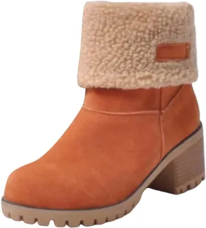 Womens Snow Boots Chunky Heel Slip On Ankle Booties Suede Fur Lined Waterproof Outdoor Comfortable Winter Shoes