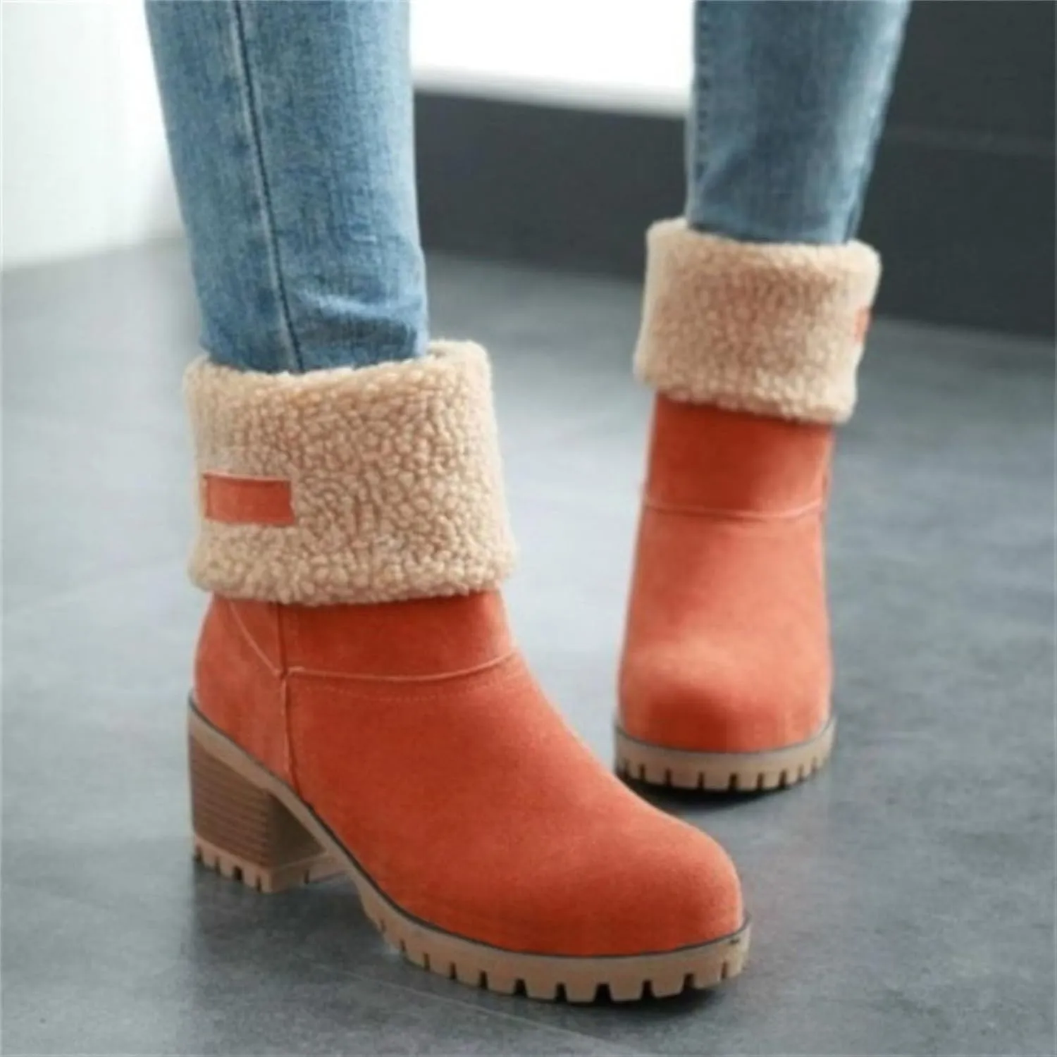 Womens Snow Boots Chunky Heel Slip On Ankle Booties Suede Fur Lined Waterproof Outdoor Comfortable Winter Shoes