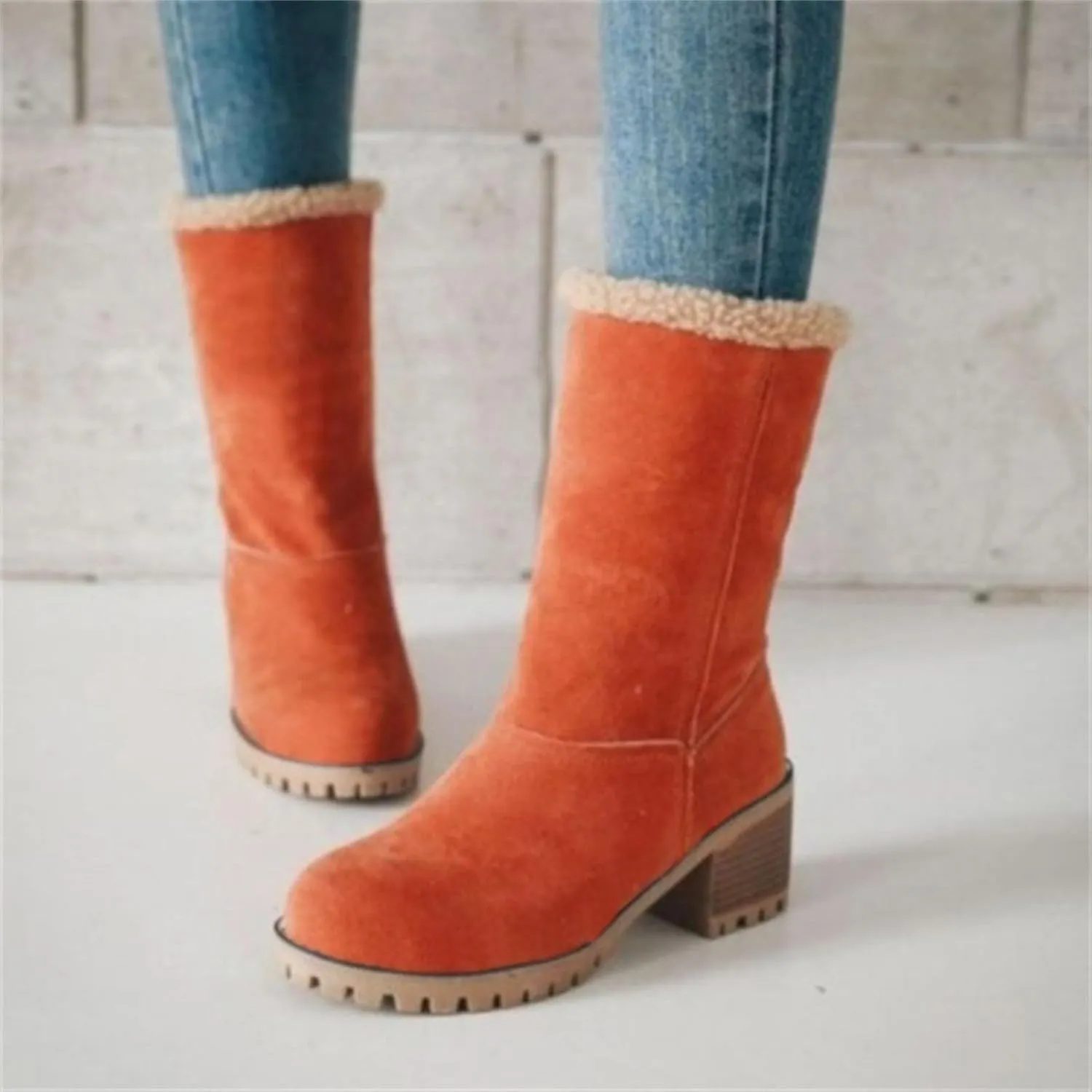 Womens Snow Boots Chunky Heel Slip On Ankle Booties Suede Fur Lined Waterproof Outdoor Comfortable Winter Shoes
