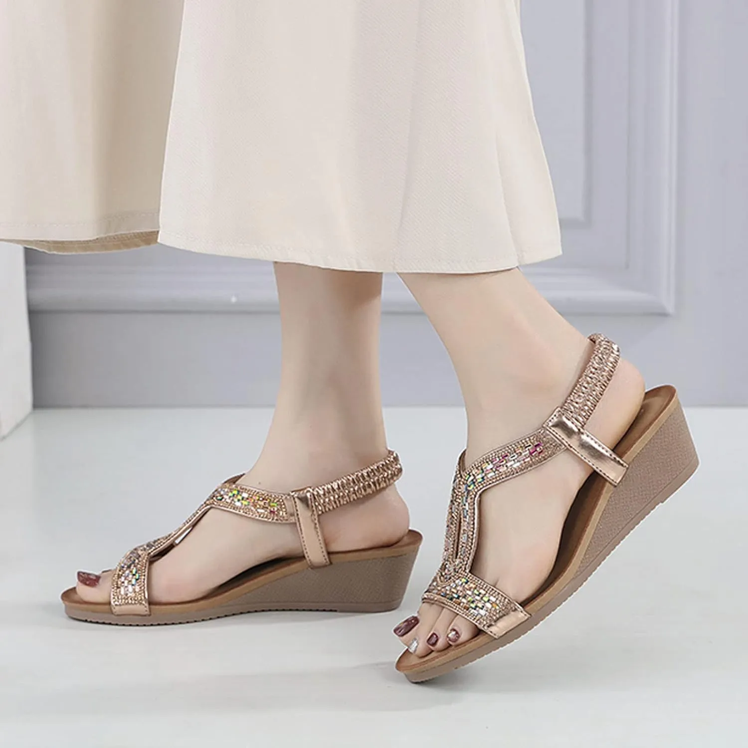 Women's Summer Sandals Beach Bohemian Beaded Ankle Walking Strap Casual Flip Flops Ladies Sexy Flats Comfortable Shoes