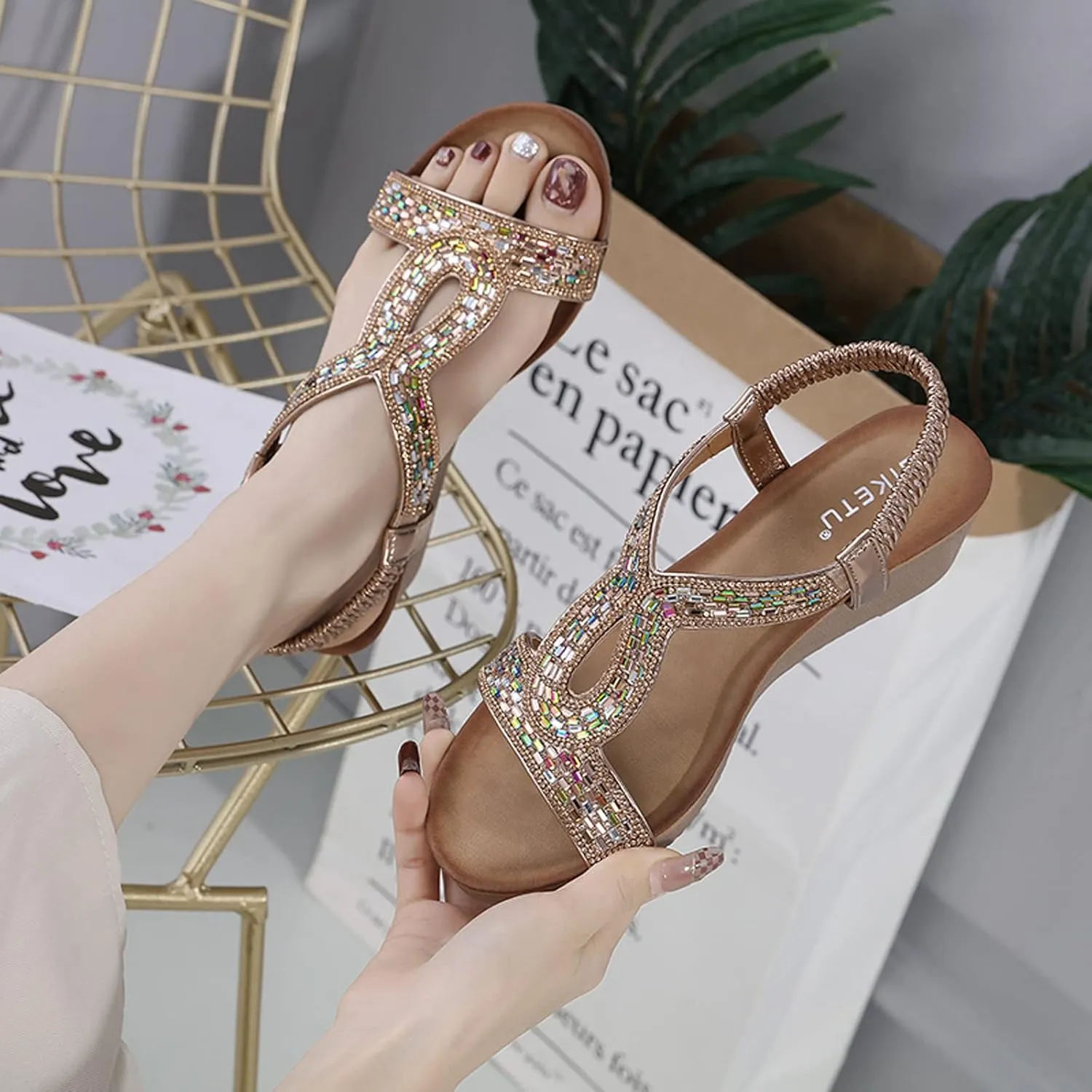 Women's Summer Sandals Beach Bohemian Beaded Ankle Walking Strap Casual Flip Flops Ladies Sexy Flats Comfortable Shoes