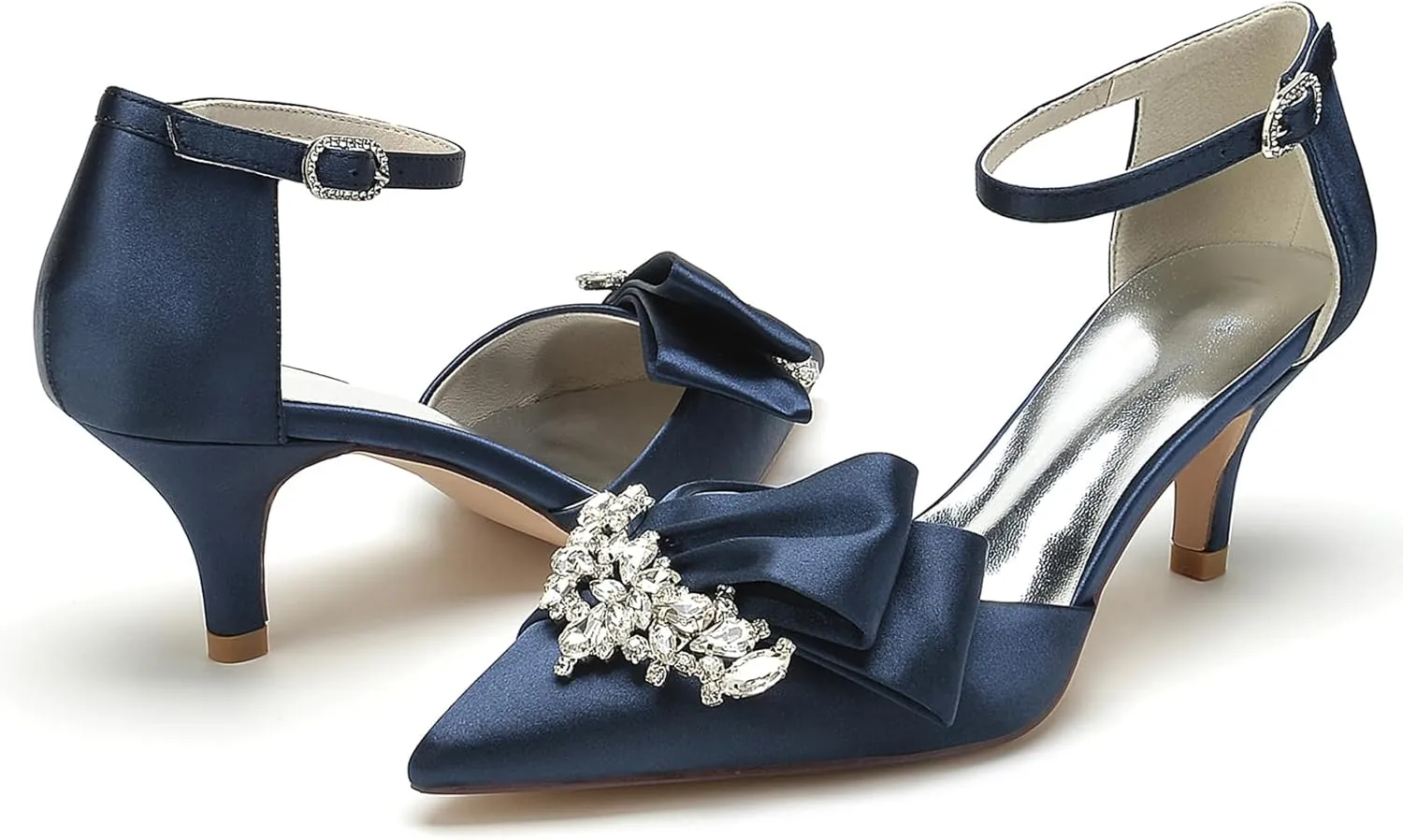 Women's Toe Satin Wedding for Bride Bridal Shoes with Ankle Buckle Strap Crystals Prom Party Pumps Sandals