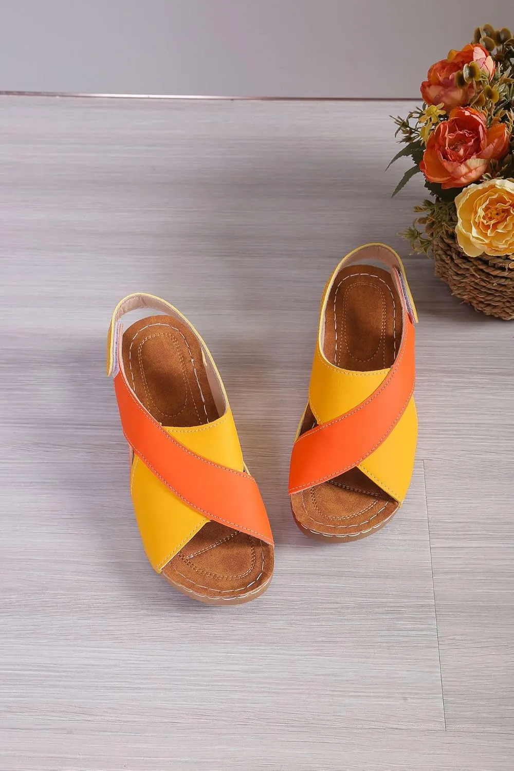 Women's Ultra Comfortable Slope Heel Orthopaedic Sandals, Womens Crisscross Strap Open Toe Summer Shoes, Contrast Color Sandals